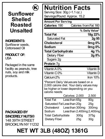 Sincerely Nuts Sunflower Seeds Unsalted (No Shell) (No Shell) (3 LB)- Nutritious and Satisfying Snack-Crunchy and Delicious-Perfect Addition to Any Meal - Gluten-Free Food, Vegan, and Kosher Certified