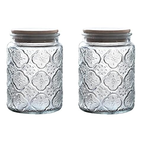 Livejun Vintage Glass Jar Canister Storage Jar with Seal Wooden Lid Retro Design for Kitchen Counter, Pantry, Tea, Sugar, Coffee Tea Beans,Flour 23.5 oz Set of 2 (Plum blossom) Cover