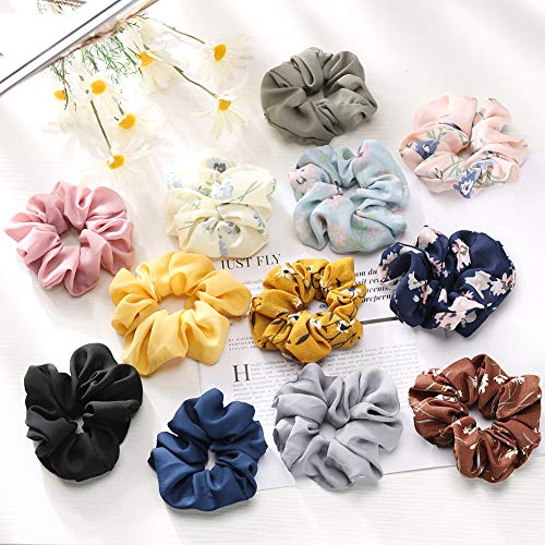 Fnova 12 Pack Scrunchies Flower Chiffon Scrunchies for Hair Big Hair Ties for Women Girls, Including 6 Colors Chiffon Hair Bow and 6 Solid Colors Chiffon Elastics Scrunchy Bobbles