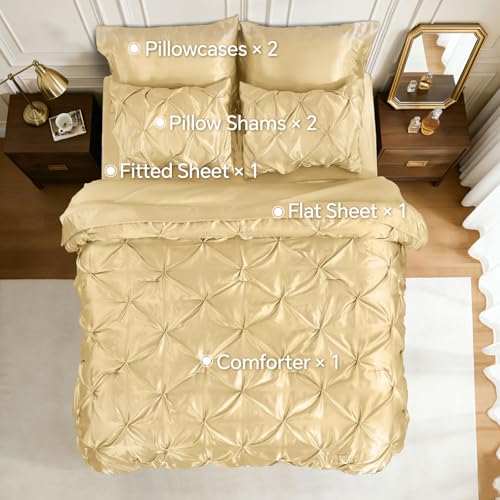 Image of BEDELITE Satin Comforter Set Full Size, 7 Pieces Pintuck Bed in A Bag with Comforter, Flat Sheet, Fitted Sheet, Pillowcases, Shams, Soft Cozy Similar to Silk Bed Set for All Seasons (Champagne)