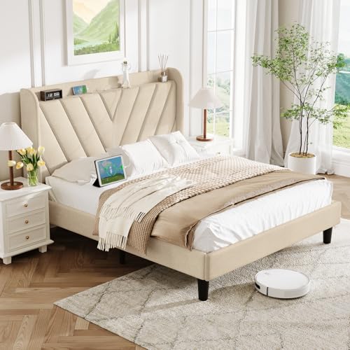 Image of koorlian Full Size Bed Frame, Full Bed Frame with Headboard, Adjustable Upholstered Bed Frame with Type-C&USB Port, Wingback Storage Headboard, Noiseless, No Box Spring Needed, Beige