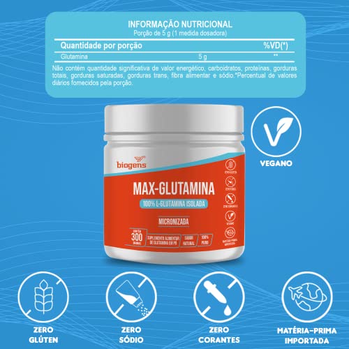 Max Glutamina, L-Glutamina 100% Isolada Micronizada, 300 gramas, Biogens
