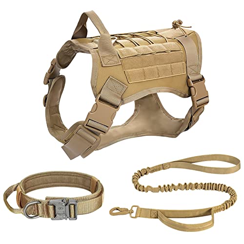 ALLSOPETS Set di Imbracatura per Cani Tactical con Collare e Guinzaglio - Imbracatura vestibilità Regolabile Cani di Media e Grande Taglia Perfetta per all'Aperto (Cachi, M)