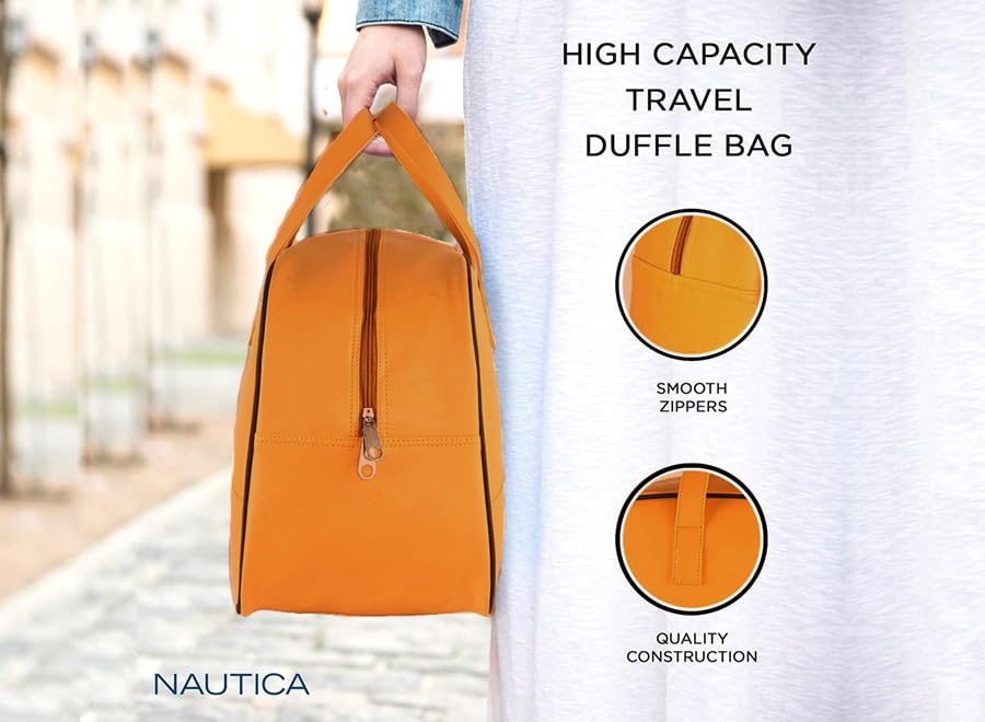 Image of Nautica Unisex 25L PU Duffle Bag for Travel | Stylish Leatherette Cabin Luggage with Smooth Zippers | Compact, Comfortable & Spacious for Weekend Trips, Gym & Everyday Use | TAN
