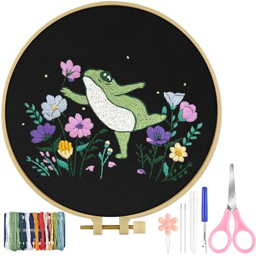 Image of TINDTOP Embroidery Kit for Beginners Adult, Frog Embroidery Kit | Include Embroidery Cloth Hoops Threads for Craft Lover Hand Stitch with Embroidery Skill Techniques