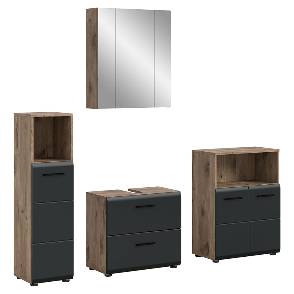Lomadox Badezimmer Badmöbel-Set 4-teilig in Eiche mit schwarz matt, mit 1 Midischrank, 1 Unterschrank, 1 Spiegelschrank mit 3D-Funktion & 1 Waschbeckenschrank