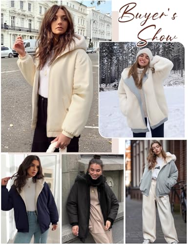 Vancavoo Winterjacke Damen Warm Fleece Gefütterter Wintermantel Winter Sweatjacke Kurz Mantel Puffer Jacke Fleecejacke Kapuzenpullover mit Kapuze für Teenager Mädchen,Schwarz,L