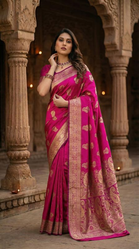 Image of C J Enterprise Women's Pure Soft Silk Saree With Blouse Piece For Wedding (KeriLichi)