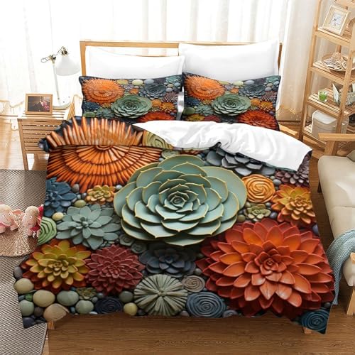 Housse de couette succulentes 3D 200x200 microfibre avec taies d'oreiller