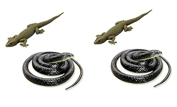KRySt Brown Lizard & Black Snake Toy Set (Pack of 4) | Realistic Rubber Reptile Toys | Includes 2 Lizard & 2 Snake Figures for Kids & Adults