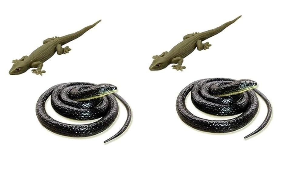 Image of KRySt Brown Lizard and Black Snake Combo Toys | Real Looking Rubber Lizard Toy | Original Look Chipkali Toy | Chipkali and Snake Prank Toys for Kids and Adults (Snake + Lizard (2 Each) 4 Nos.)