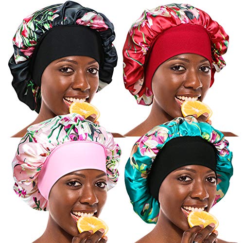 4 Pieces Wide Band Satin Cap Sleep Bonnet Soft Night Sleep Hat Hair Loss Cap Salon Bonnet for Women, 4 Colours
