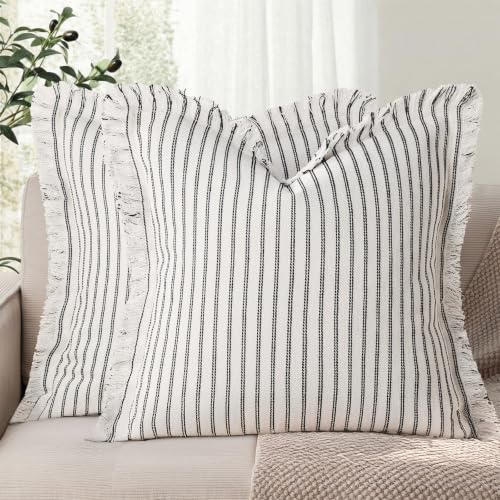 Image of ZWJD Throw Pillow Covers 16x16 Set of 2 Striped Pillow Covers with Fringe Chic Cotton Decorative Pillows Square Cushion Covers for Sofa Couch Bed Living Room Farmhouse Decor, (Black)