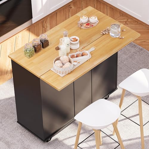 Image of SUNLEI Kitchen Island on Wheels with Storage Cabinet & Foldable Drop Leaf, Rolling Kitchen Table, Cart Handle for Towel Rack, Drop Leaf, Portable Islands for Kitchen (Classic Black, 39.7-INCH)