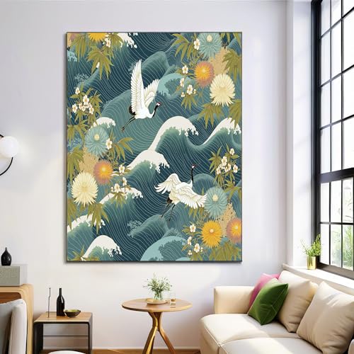 Art Mural Motif Vagues Océaniques Et Grues Volantes Pour Décoration De La Salle De Bain, Tableau Décoration Murale Bleu-Vert, Impressions Sur Toile De Style Artistique Japonais, 30×40 Cm Sans Cadre
