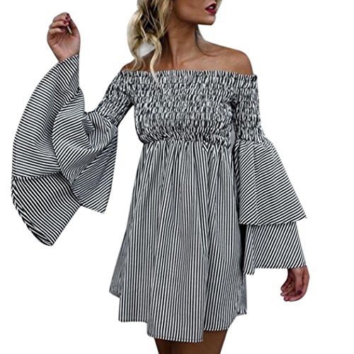 Vestidos de Mujer, ASHOP Vestido Verano 2018 Fuera del Hombro Manga Larga Casual Ajustados T-Shirt Vestido Coctel Fiesta Corto Dress Raya Playa Falda Elegantes en Oferta (S, Negro)