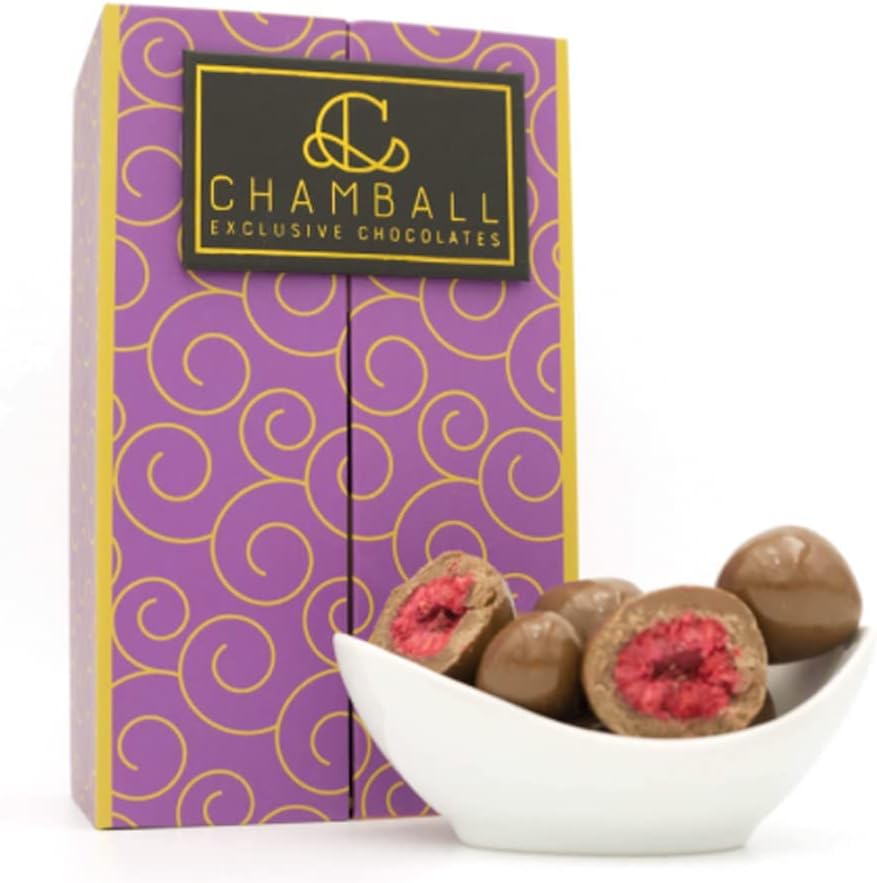 Chamball Raspberries · Caja Bombones de Frambuesas Liofilizadas bañadas en Chocolate con leche Artesanal Belga · Exclusivo Bocado con Frambuesas · Perfecto para saborearlo