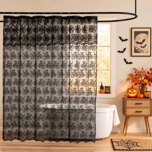 Black Lace Shower Curtain for Bathroom 72x72, Gothic with Attached Valance | Goth Shower Curtain with Floral Lace and Scalloped Trim, Lets in Light for Witchy Victorian Halloween bathrooms