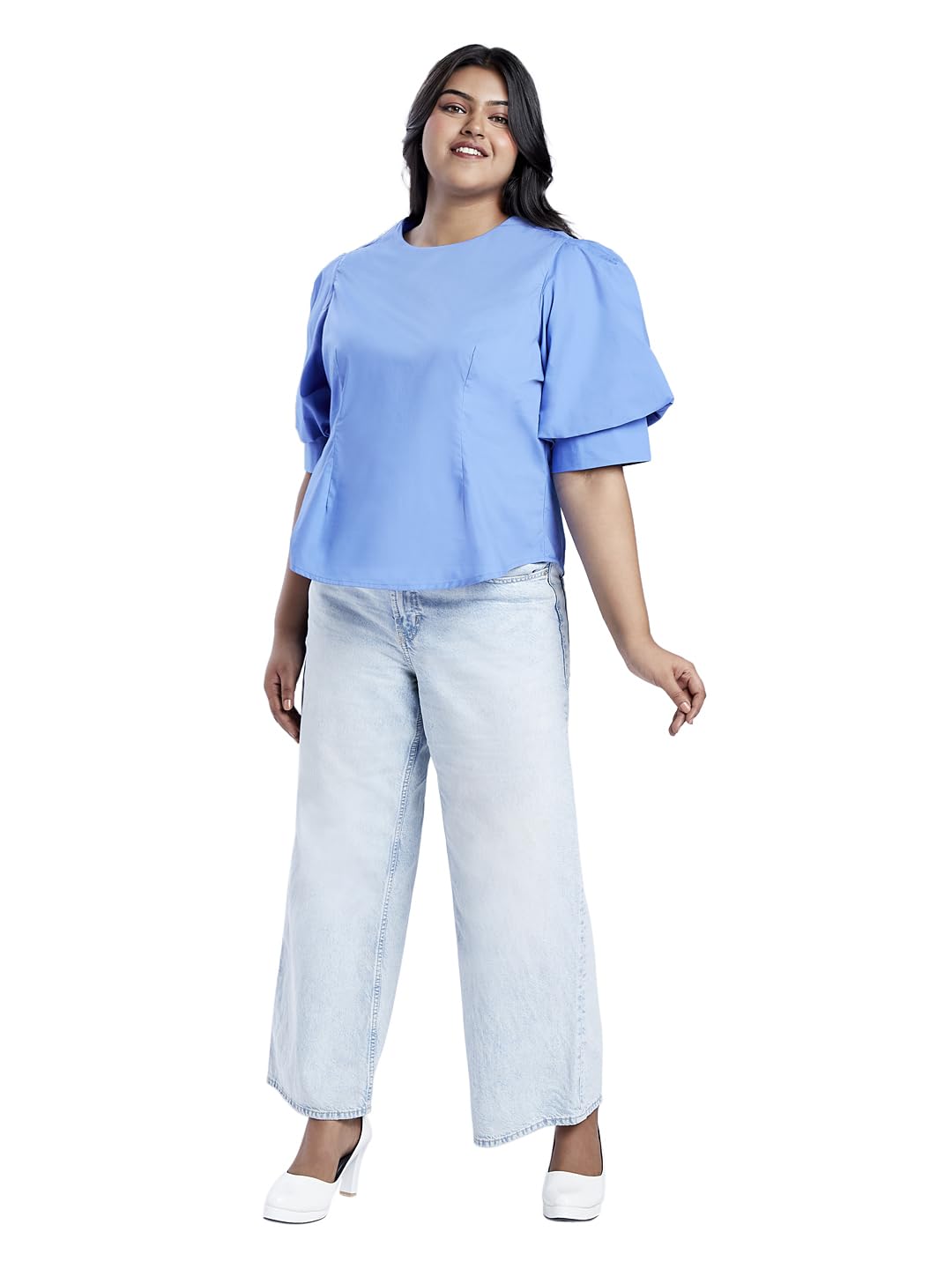 Gloplus Women Puff Sleeves Round Neck Back Button Plus Size Shirt Style Workwear Top