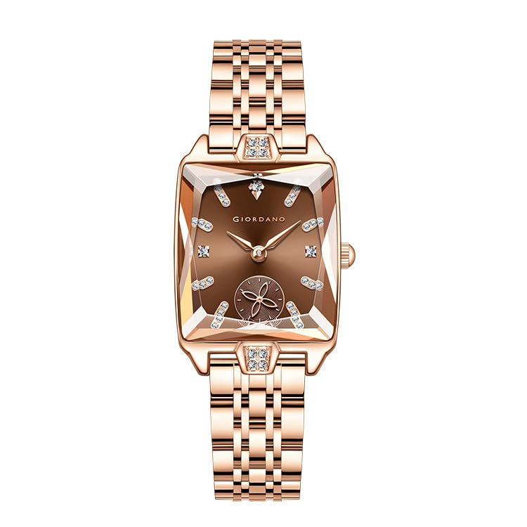 Image of Giordano Analog Watch for Women - Rectangular Dial, Crystal Hour Markers and Rose Gold Stainless Steel Strap
