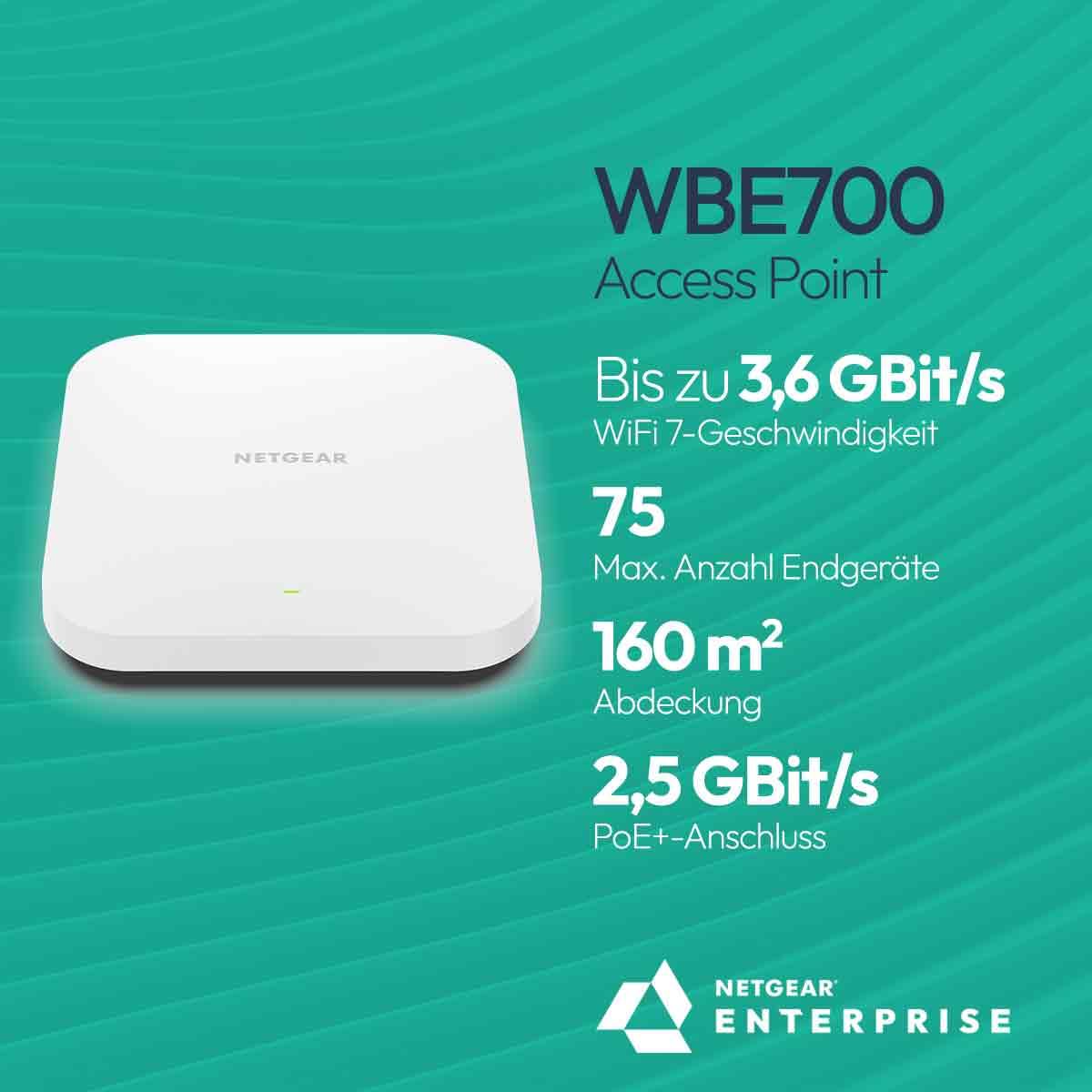 NETGEAR - Access point dual band Insight Managed PoE+ WiFi 7 (WBE700) – Velocità a 3,6 Gbps (BE3600) - Copertura fino a 160 m2, 75 dispositivi client - WPA3 -