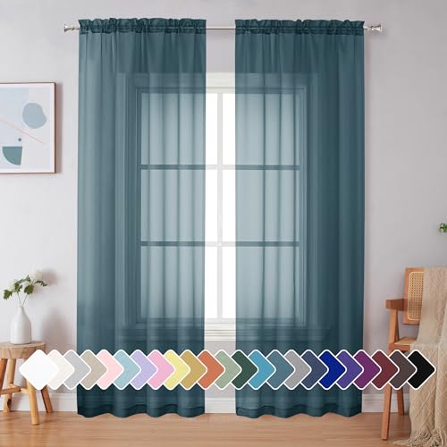 Image of Simplebrand Dusty Blue Sheer Curtains 90 Inches Long 2 Panels, Light Filtering Rod Pocket Solid Color Window Sheer Curtain Panels, Elegant Curtains & Drapes for Living Room, Bedroom, 42 inch W x 90 inch L