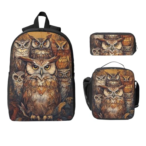Boho Owl Backpacks 3 Pcs Fashion Casual Backpack with Fun Graphic Cartoon Print for Outdoor Hiking and Travel