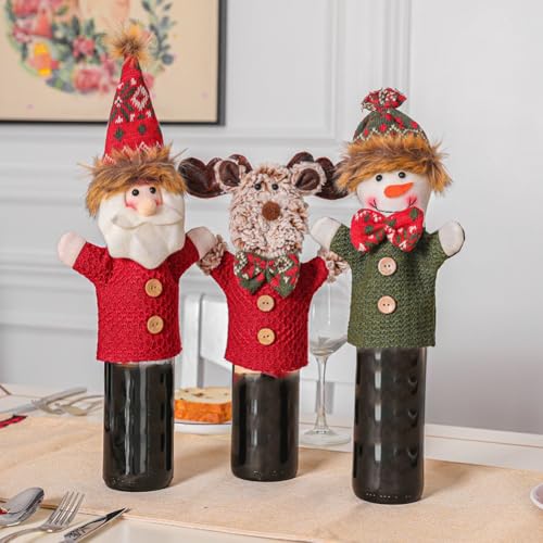 Donkivvy 3 fundas tejidas para botellas de vino de Navidad con diseños de Papá Noel, renos y muñeco de nieve, se adapta a botellas de vino de 9.45 x 7.87 pulgadas, mesa festiva y decoración de fiesta