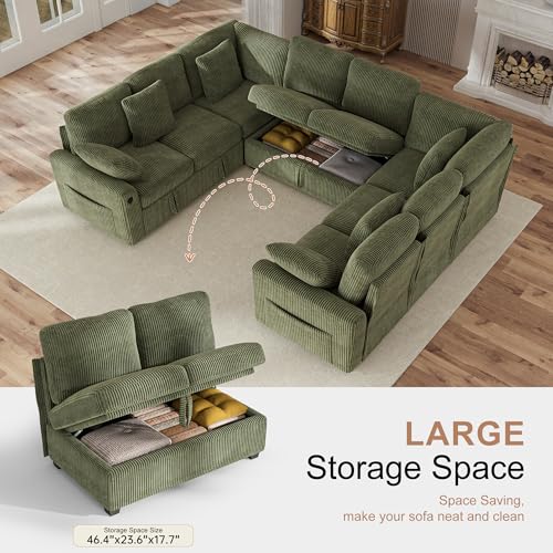 Image of Hanherry Sectional Sofa with Pull Out Couch Bed,Corduroy Sleeper Sofa with 2 Seat Storage & USB Charging,Comfy Modular Couches for Living Room,Apartment