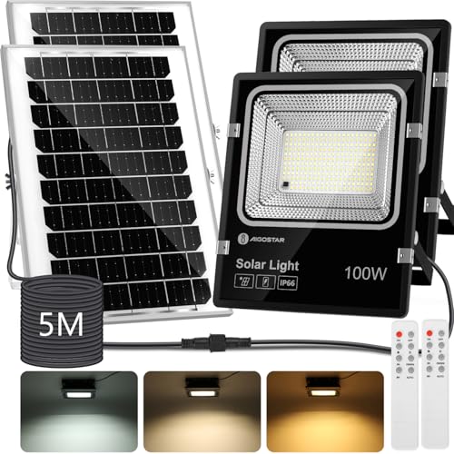 Aigostar - Foco solar exterior con mando a distancia,Cable de 5m.8000mAH,Batería de gran capacidad y gran panel solar.regulable 3000/4000/6500K....