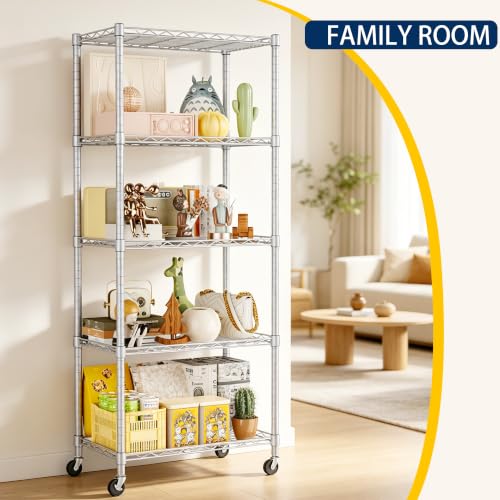 Image of REGILLER 5-Wire Shelving Metal Storage Rack Adjustable Shelves,Standing Storage Shelf Units for Laundry Bathroom Kitchen Pantry Closet(Silver,11.8 inch D x 21.2 inch W x 55 inch H,With Wheels)