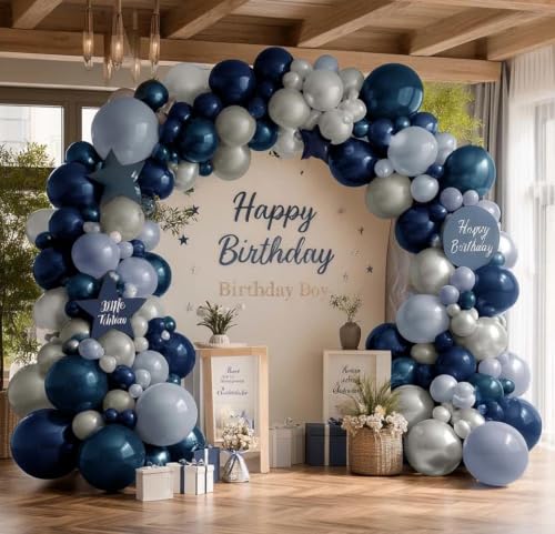 Image of Blue Balloon Arch Kit Double Stuffed Navy Pearl Grey Blue Latex Balloons | blue grey balloon arch dusty fog light blue balloon garland for birthday jean baby shower gender reveal bridal shower decor