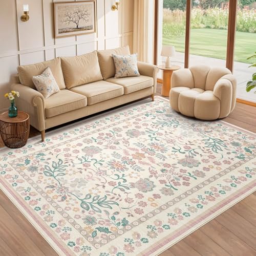 9x12 Area Rug Living Room Rugs - Washable Boho Vintage Floral Large Soft Non Slip Thin Rug Low Pile Carpet for Bedroom Dining Room Kids Playroom Office Decor Indoor - Pink