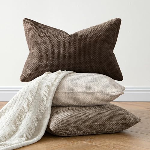 Image of MIULEE Pack of 2 Lumbar Couch Throw Pillow Covers 20x12 Inch Dark Brown Modern Boho Accent Decorative Pillow Covers Soft Chenille Farmhouse Cushion Covers for Home Decor Bed Sofa Living Room