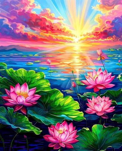 数字油絵 花 数字キットによる絵画 湖 Paint by Numbers DIYペイント 大人の 初心者 子供用 簡単に塗れる アクリル水彩絵の具 手芸 画材 手工芸 キット 3つのペイントブラシと1つのセットのアクリル顔料を使用 ホーム オフィス装飾 G