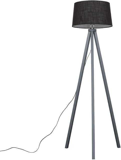 MiniSun Modern Grey Wood Tripod Floor Lamp with a Black Faux Linen Tapered Shade - Complete with a 6w LED Bulb [3000K Warm White]