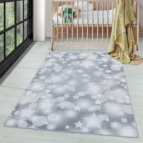 Carpettex Kurzflor Kinderteppich Mädchen und Jungen 140 x 200 cm Grau - Sterne Design Teppich Extra Weich und Antiallergen - Waschbarer Teppich für Kinderzimmer, Babyzimmer und Spielzimmer