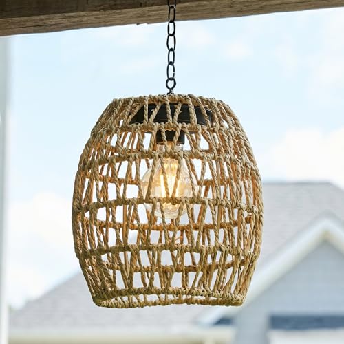 Image of Solar Chandelier Outdoor,Natural Seaweed Hanging Solar Lantern Gazebo Lights Outdoor Waterproof for Patio Porch Garden Barn Tree Pergola Pendant Light Decor