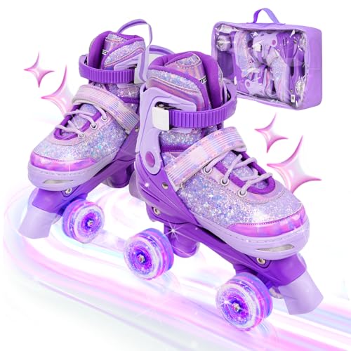 HolaDream Sequins Adjustable Kids Roller Skates with Light Up Wheels & Safety Protection for Beginners