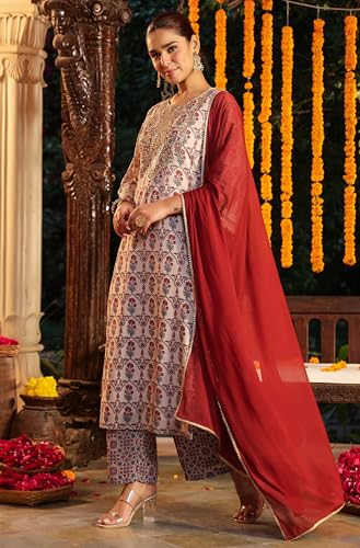 Image of Janasya Women's Georgette Yoke Zari Embroidered Ajarakh Printed Straight Kurta Set