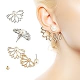 2 Pairs Lotus Flower Women Lovely Crystal Earrings Pearl Front and Back Ear Stud Jewelry (002)
