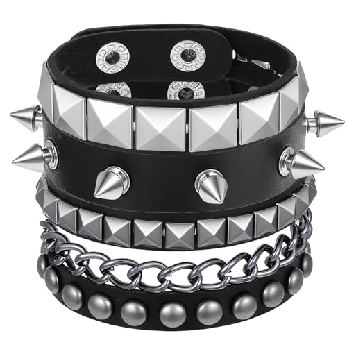 LIQWEI 3 Stück Unisex Punk Besetztes Armband, Punk Rock Lederarmband Nietenarmband Schwarz Gothic Armreif Rock Armband Set Erstellbare Wraparmband ManschetteFür Kostümparty Konzert Grunge