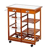 GUT BEMESSEN: 74 x 37 x 76 cm (BxTxH); 2 Schubladen mit Metallgriff: 28 x 29 x 6 cm(L x B x H); 2 Schubkörbe mit Holzgriff: 29 x 28 x 6cm(L x B x H); 2 Weinregale: 32 x 29cm(L x B); Durchmesser vom Rad: 4,5 cm.