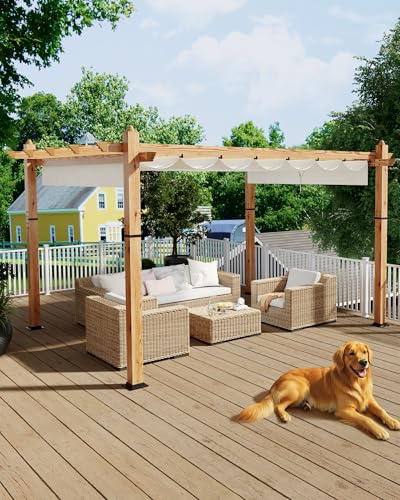 Image of KYBOLT 10x13 Ft Outdoor Pergola Faux Wood Grain Aluminum Gazebo with Retractable Canopy for Patio Modern Backyard Deck Porch Grape Trellis(Beige)