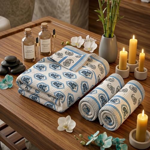 Image of Mafatlal Madhuban Premium Waffle Cotton Set (1 Bath 147x76 cm + 2 Hand 76x38 cm) | 250 GSM | Lightweight, Soft & Hand Printed | Marina