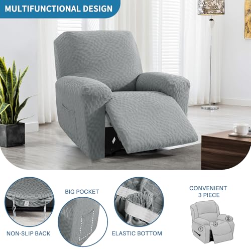 Image of 2026 Stretch Oversized Recliner Cover 3-Piece (36 inch-46 inch) Super Soft XL-Recliner Chair Covers with Big Pocket & Anti Slip Ties Stay in Place, Lazy Boy Reclining Slipcover Durable Washable, Light Grey