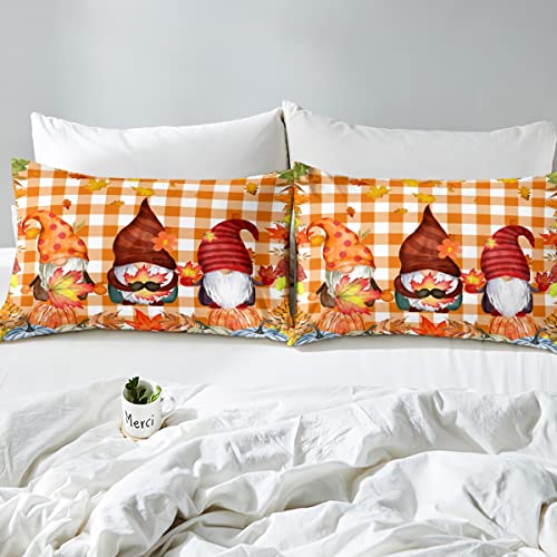 Cute Gnomes Bed Sheets Autumn Pumpkin Leaves Fitted Sheet Fall Thanksgiving Harvest Bedding Set Twin For Kids Teens Boys Girls,Holiday Farmhouse Vintage Theme Bed Cover Orange Buffalo Check Decor #TOP3