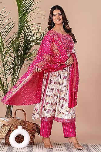 Image of MANHAREE | Women's Rayon Printed Embroidered Anarkali Kurta with Pant & Dupatta Set