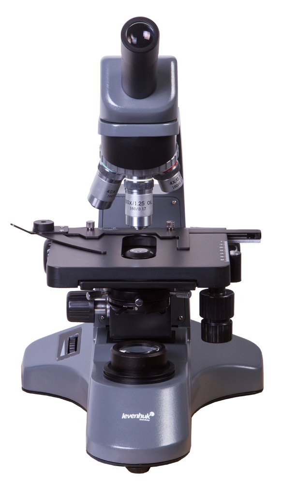 Laboratoryjny Mikroskop Monokularowy Levenhuk 700M z Oświetleniem LED, Powiększeniem 40—2000x i Niebieskim, Żółtym i Zielonym Filtrem w Zestawie