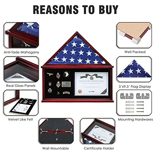 Flag Display Case Large Military Shadow Box Fits a Folded 5'x9.5' Veterans Burial Memorial Funeral Flag with Certificate Document Holder Frame and Felt Lining for Badges and Medals, MAHOGANY Finish